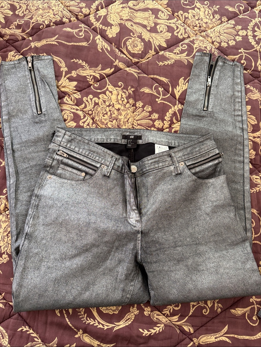 H&M Silver Metallic Skinny Jeans with Ankle Zippers